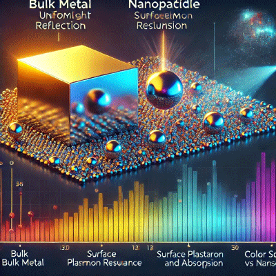 infographic illustrating the comparison between bulk metal and nanoparticles, showcasing their unique reflective and optical properties